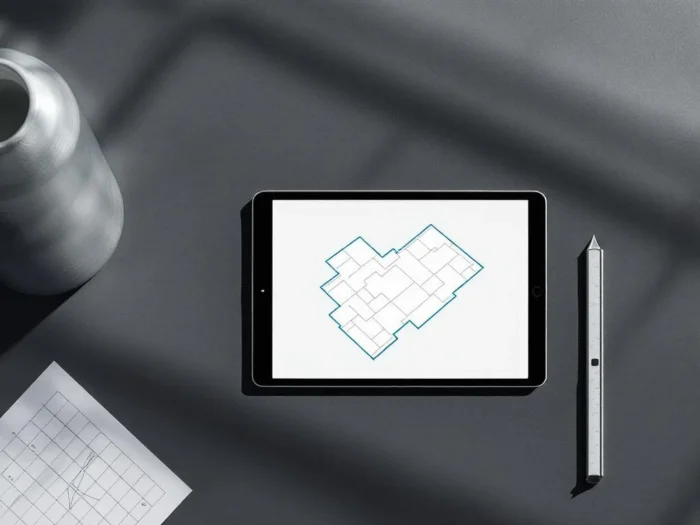 Tablet met kadastrale landmeting in cyaan op topografische kaart, meetgereedschap op donkergrijze ondergrond