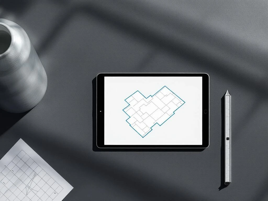 Tablet met kadastrale landmeting in cyaan op topografische kaart, meetgereedschap op donkergrijze ondergrond