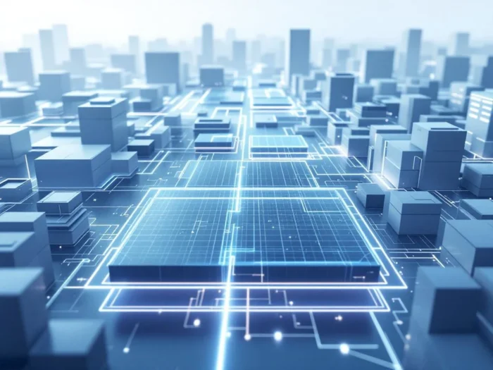 Luchtfoto van minimalistische digitale stad met geometrische gebouwen en datastromen die verbinden met gestructureerde archieflagen