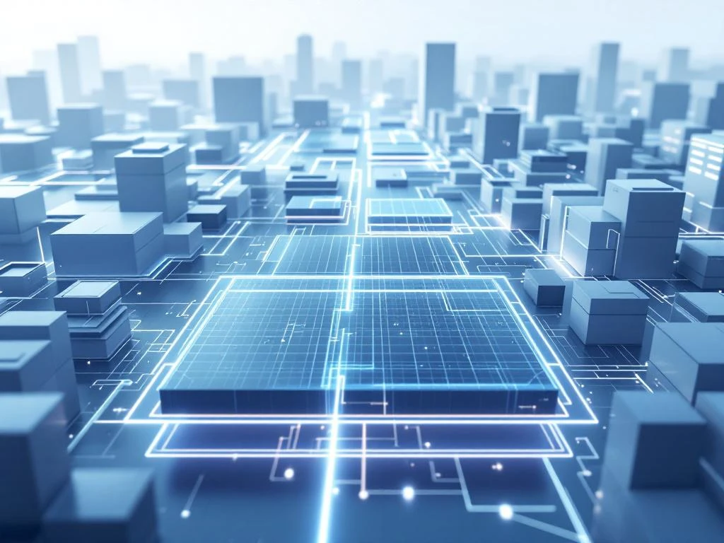 Luchtfoto van minimalistische digitale stad met geometrische gebouwen en datastromen die verbinden met gestructureerde archieflagen