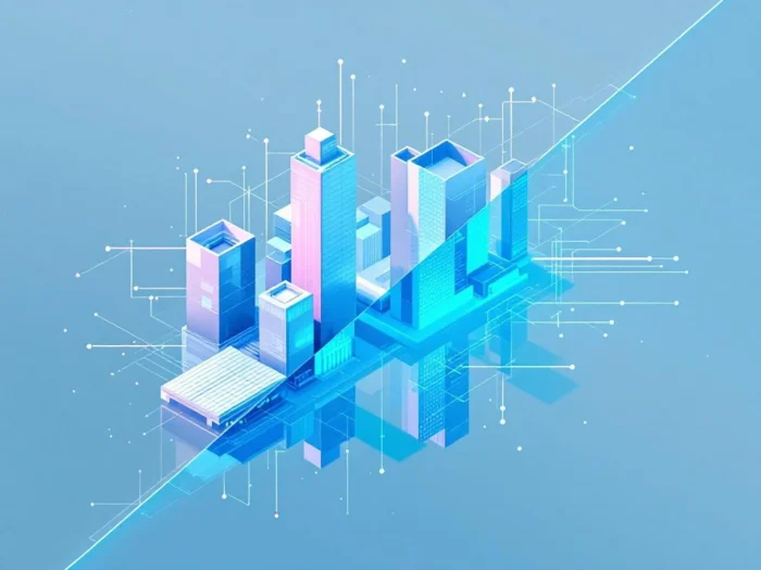 Luchtfoto van moderne stadswijk als digitale tweeling met datavisualisatie, holografische metrics en netwerkverbindingenCharacter count: 122