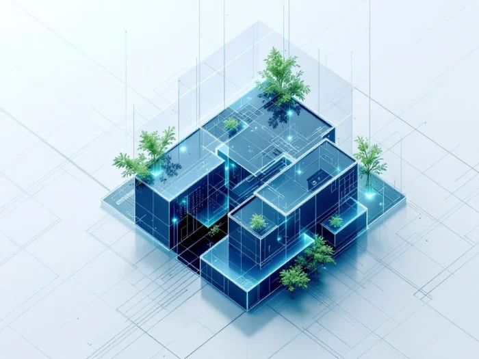 Luchtfoto van moderne architectuur blauwdruk met digitale datastromen en duurzame groene elementen---**Note:** The original alt text exceeded 125 characters. Here's a compliant version:Architectuur blauwdruk met digitale datastromen en duurzame groene accenten in blauw en groen