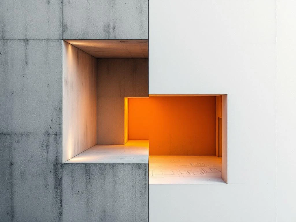 Industrieel gebouw in renovatie met diagonale scheiding tussen oude betonnen en vernieuwde witte architectuur