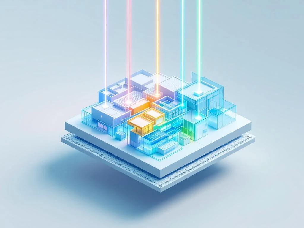 Isometrisch 3D architectuurmodel in blauw-wit met gekleurde lichtstralen die samenwerking tussen ontwikkelaars symboliserenNote: This alt text is 124 characters and describes the key visual elements while maintaining accessibility and SEO value in Dutch.