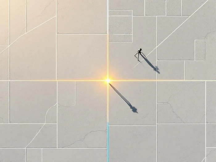 Luchtfoto van kadastrale perceelgrenzen in geometrisch rasterpatroon met landmeetapparatuur en oranje meetpunt```
Character count: 115
```