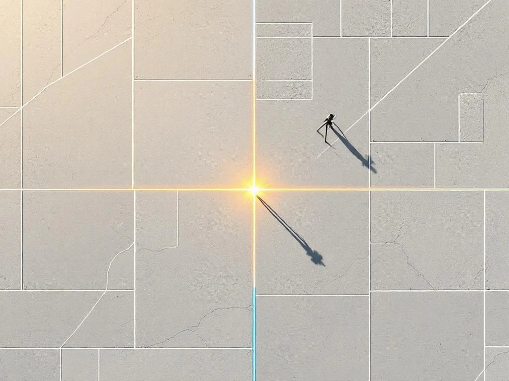 Luchtfoto van kadastrale perceelgrenzen in geometrisch rasterpatroon met landmeetapparatuur en oranje meetpunt```
Character count: 115
```