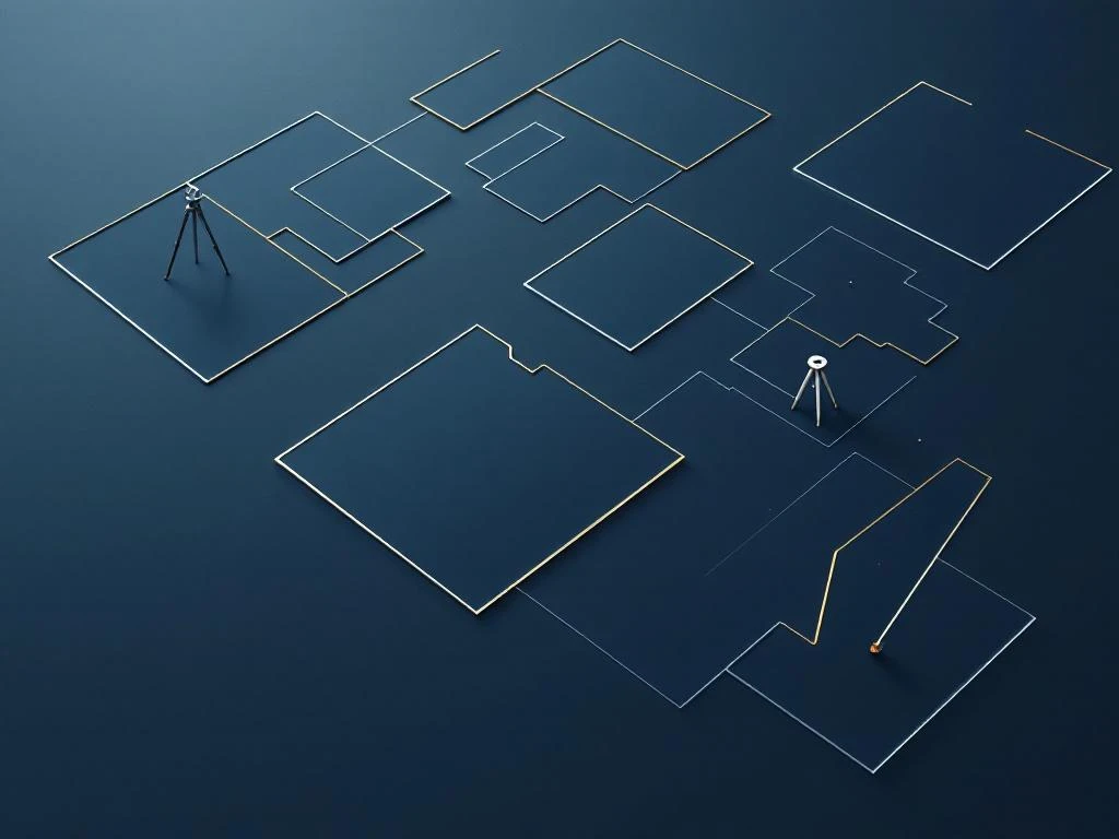 Luchtfoto van kadastrale percelen in rasterpatroon met gouden accenten en landmeetinstrumenten op blauwe achtergrond