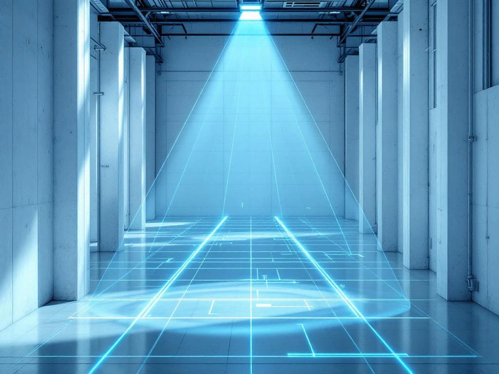 Cyaan laserstraal scant wit industrieel gebouw interieur met geometrische lichtpatronen en holografische datapunten