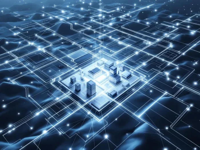 Luchtfoto van geometrisch landschap met kadastrale percelen, datastromen en bouwontwikkelingen in blauw en grijs