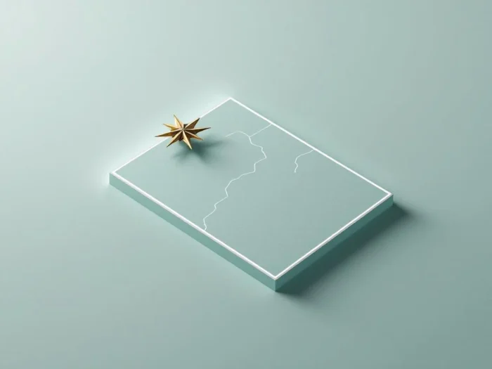 Luchtfoto van rechthoekig landperceel met witte grenzen, topografische lijnen en gouden kompas op groene ondergrond