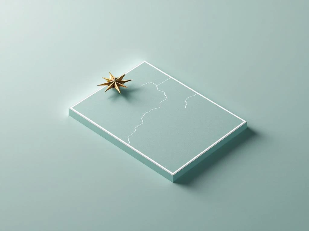 Luchtfoto van rechthoekig landperceel met witte grenzen, topografische lijnen en gouden kompas op groene ondergrond