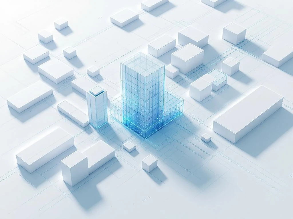 Geometrische luchtfoto van stedelijk landschap met blauwe laserlijnen en 3D-wireframe structuur op wit vlak