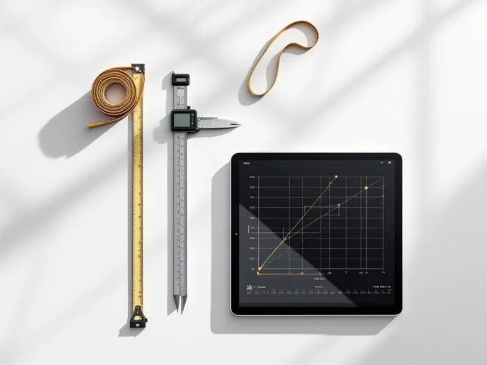 Meetlint en digitale schuifmaat op wit oppervlak met tablet met rasterlijnen voor bouwmeting