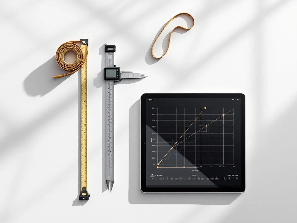 Meetlint en digitale schuifmaat op wit oppervlak met tablet met rasterlijnen voor bouwmeting