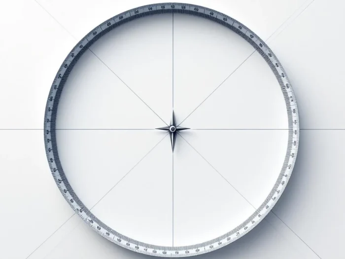 Meetlint in cirkelvorm met kompaspunt op wit oppervlak met gridlijnen, bovenaanzicht voor precisie en engineering