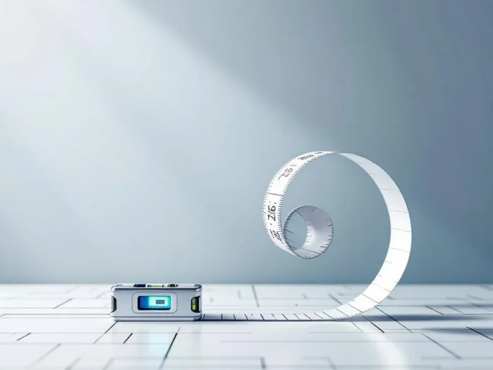 Witte meetlint in spiraal met digitale waterpas op blauwgrijze achtergrond met rasterlijnen en blauwdruk elementen```
Character count: 119
```