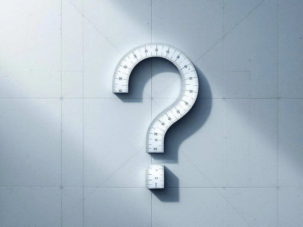 Witte meetlint in vraagtekenvorm op blauwgrijze achtergrond met metrische markeringen en dramatische schaduw