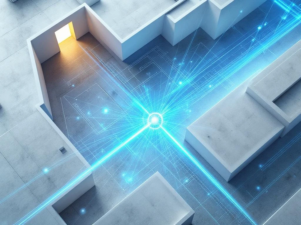 Luchtfoto van bouwplaats met NavVis laserscanner en digitale meetgegevens in blauw en wit