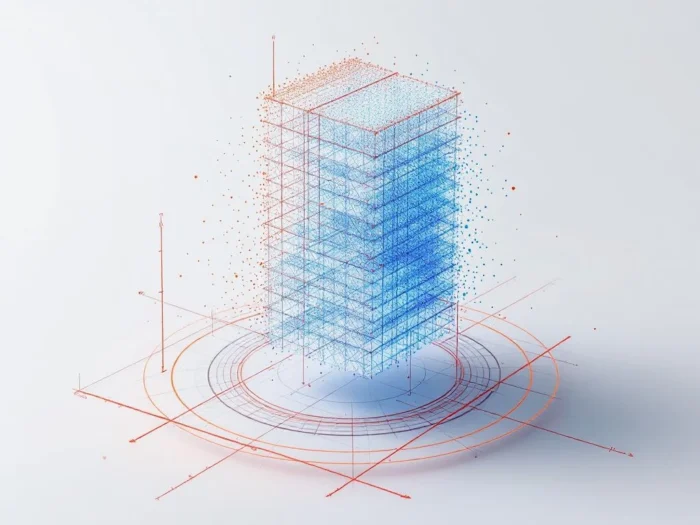 3D puntenwolk visualisatie van gebouwstructuur in blauw en oranje met geometrische vormen en meetlijnen