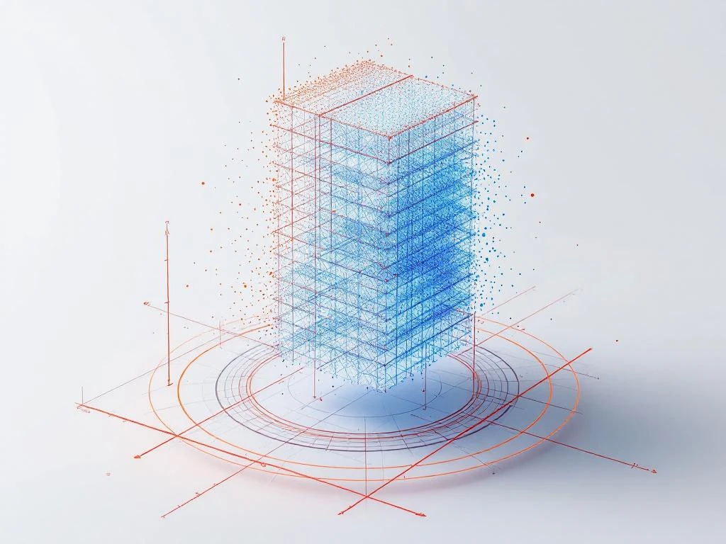 3D puntenwolk visualisatie van gebouwstructuur in blauw en oranje met geometrische vormen en meetlijnen