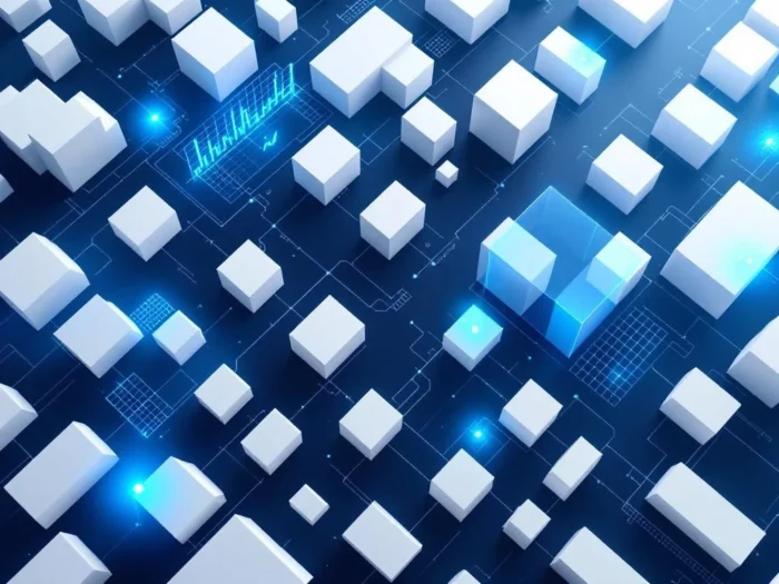 Bovenaanzicht van abstracte stadsplattegrond met witte gebouwen en blauwe datavisualisaties op marineblauw vlak