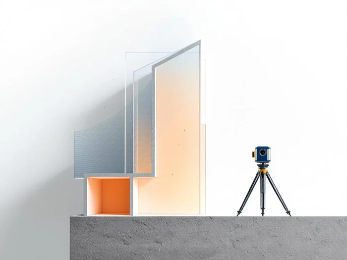 Architectonische vervormingsmeting met geometrische gebouwcontouren, meetpunten en gradiëntlijnen in blauw-oranje tinten