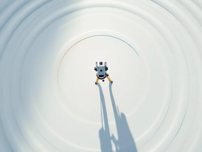 Theodoliet met geometrische schaduw op witte ondergrond met topografische contourlijnen en oranje meetlijn naar hoogtemeter