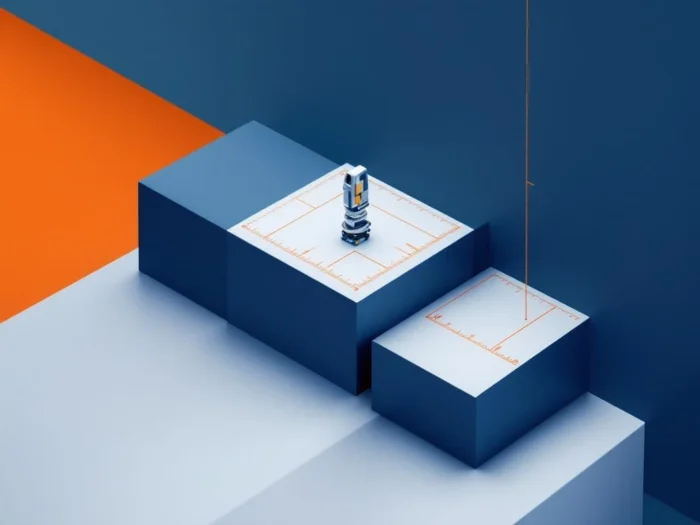 Theodoliet op witte geometrische vlakken met oranje meetlijnen in minimalistisch luchtfoto-ontwerp