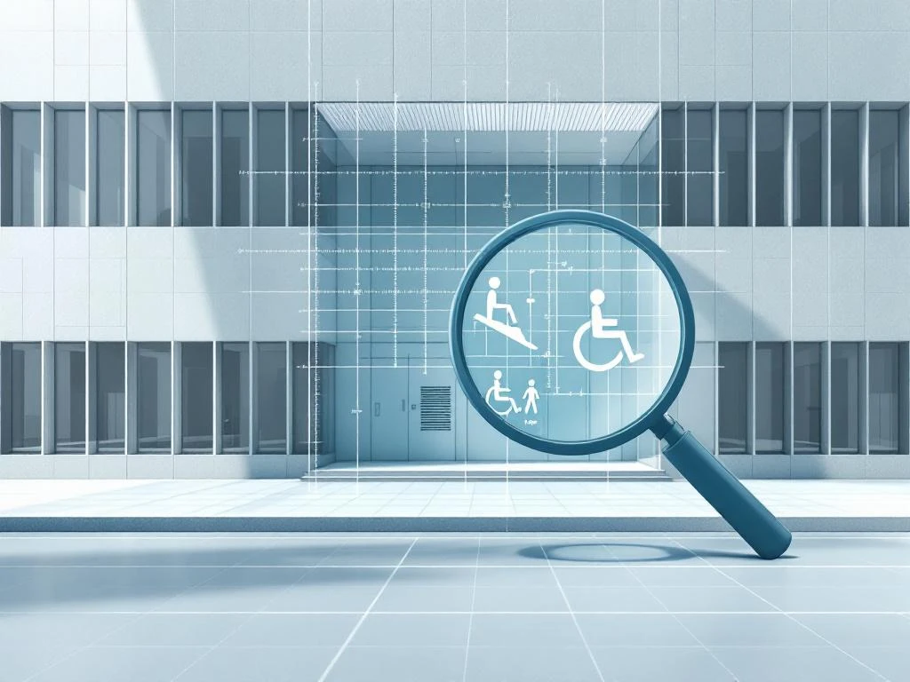 Modern gemeentehuis met vergrootglas dat toegankelijkheidssymbolen toont: rolstoelhellingen en tactiele padenModern gemeentehuis met vergrootglas dat toegankelijkheidssymbolen toont: rolstoelhellingen en tactiele tegels