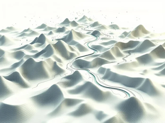 3D topografisch landschapsmodel in wit en groen met blauwe waterstromen en digitale data-overlays voor duurzame planning