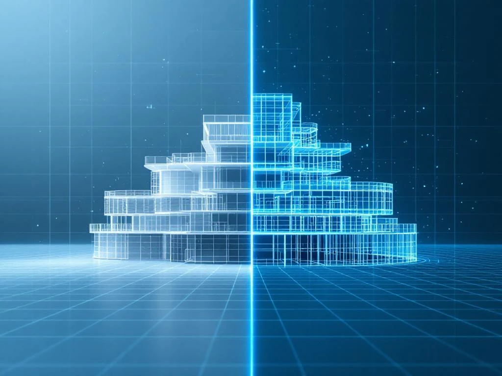 3D architecturale visualisatie van modern gebouw dat overgaat van traditionele blauwdruk naar digitaal draadmodel