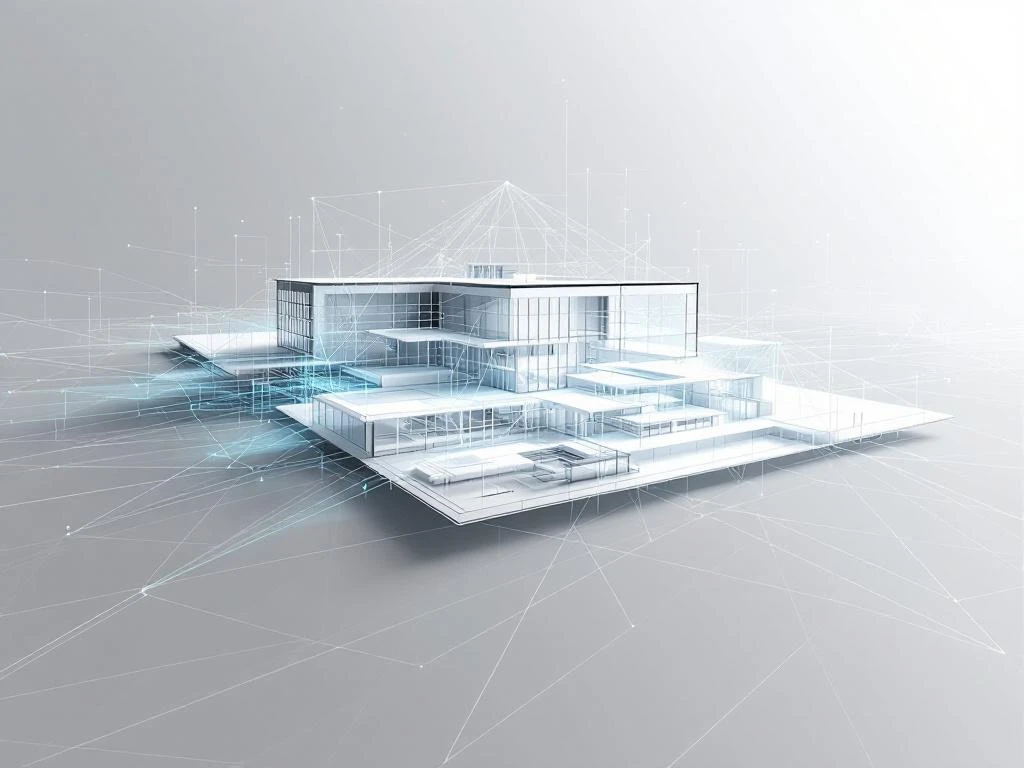3D architectuurvisualisatie van modern gebouw met wireframe-lijnen die overgaan in fotorealistische structuur met blauwe scanstralen