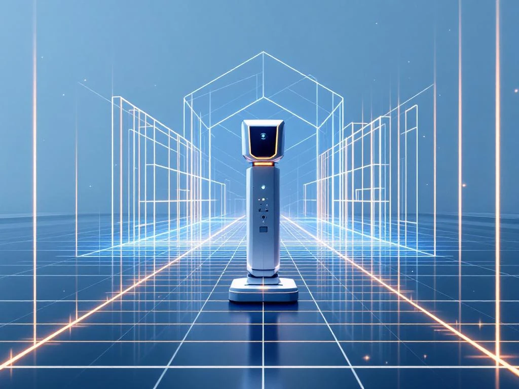 3D laserscanner meet lichtstralen die moderne gebouwstructuur in kaart brengen op witte achtergrond met blauwe accenten