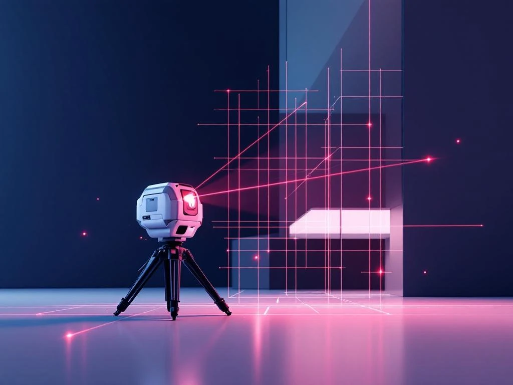 3D laserscanapparaat projecteert rode laserstralen op moderne gebouwgevel met geometrische patronen en digitale datapunten