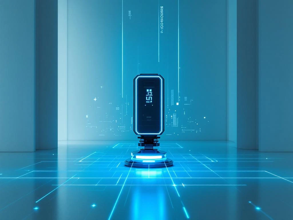 3D laserscanner met blauwe LED-indicatoren projecteert geometrische lichtstralen in minimalistische witte architecturale ruimte