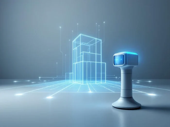 3D laserscanner apparaat projecteert lichtstralen op modern gebouw met geometrische puntenwolk data visualisatie