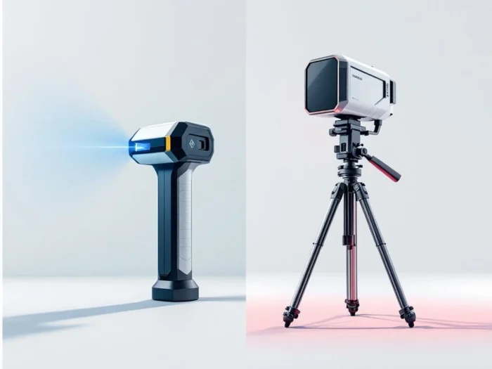 Twee 3D laserscanners op witte achtergrond: handscanner met blauwe laser links, statief-scanner met rode laser rechts