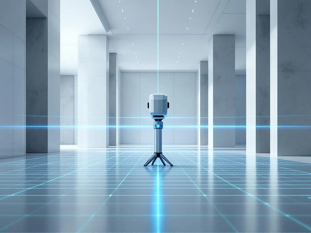 3D laserscanner apparaat met blauwe en groene laserpunten meet architecturale ruimte met geometrische lichtstralen