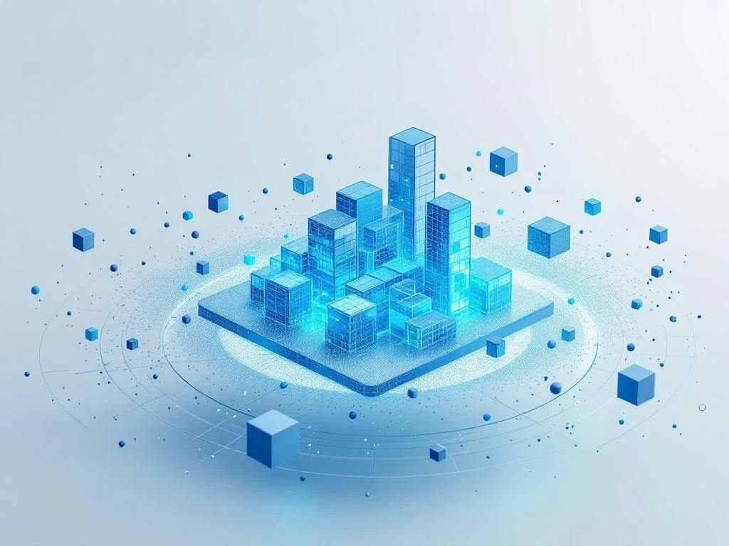 3D puntenwolk visualisatie in blauw en cyaan toont architecturale vormen die ontstaan uit digitale datapunten in witte ruimte