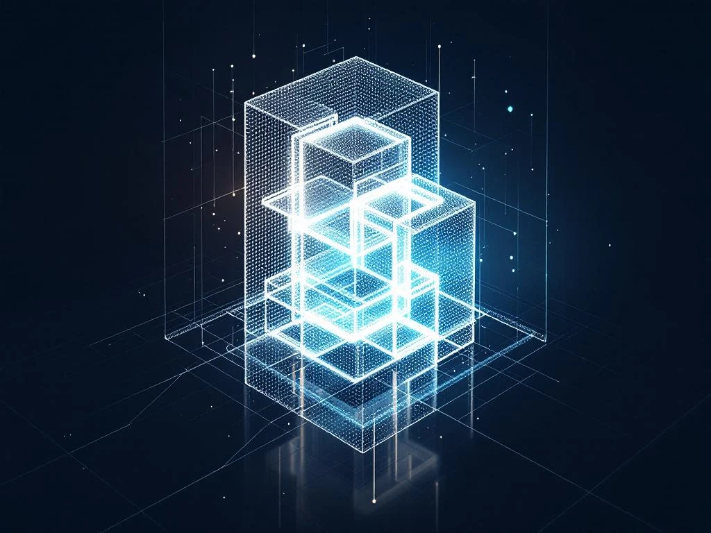 3D-puntenwolk visualisatie van geometrisch gebouw in wit en cyaan tegen donkerblauwe achtergrond met technische rasterlijnen