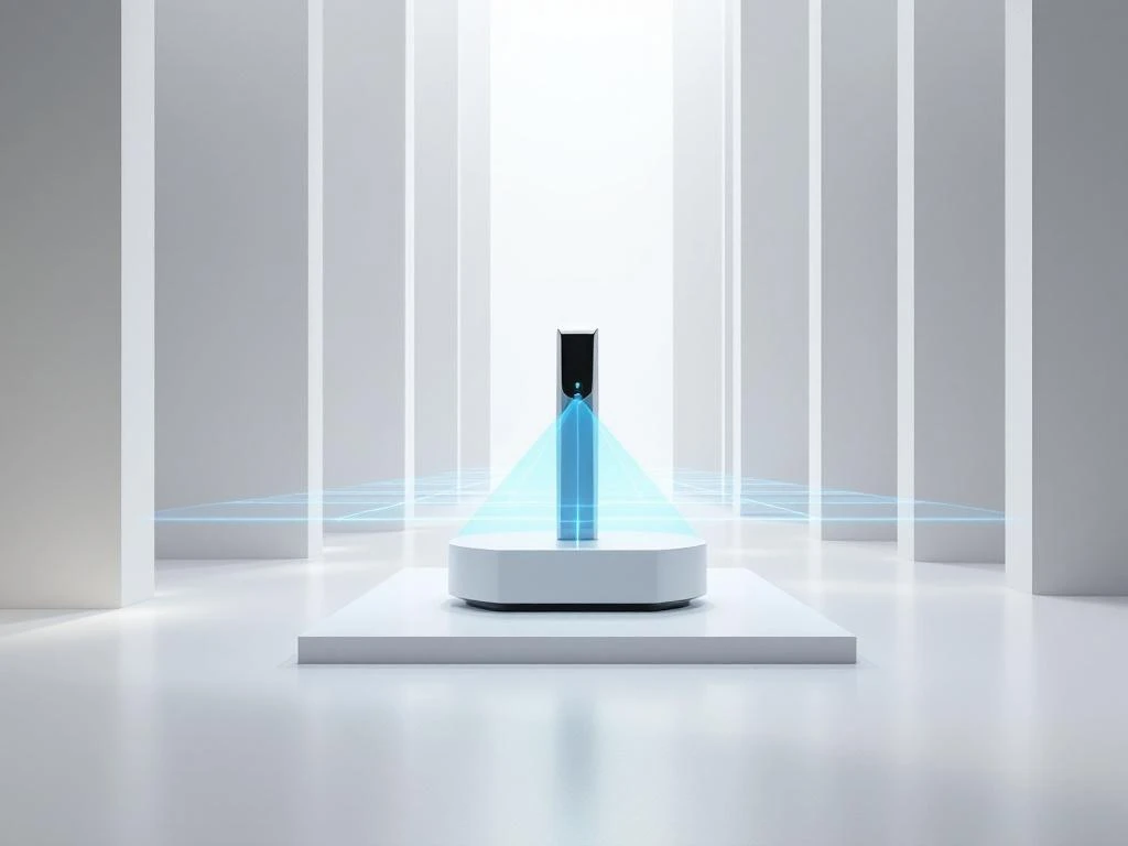 3D-scanner apparaat met blauwe laserstralen die geometrische patronen projecteren op minimalistische architectuur