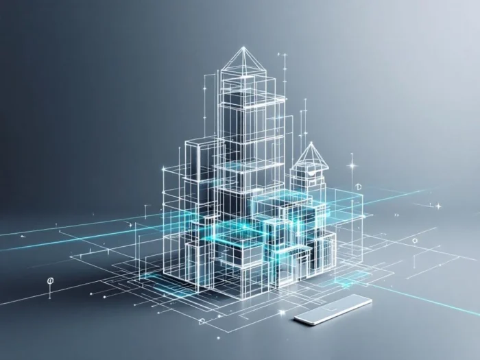 3D draadframe gebouwmodel met cyaan laserstraal die geometrische scanpatronen creëert tegen marine-grijze achtergrond