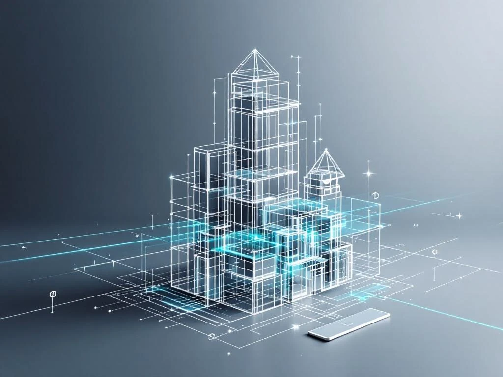 3D draadframe gebouwmodel met cyaan laserstraal die geometrische scanpatronen creëert tegen marine-grijze achtergrond