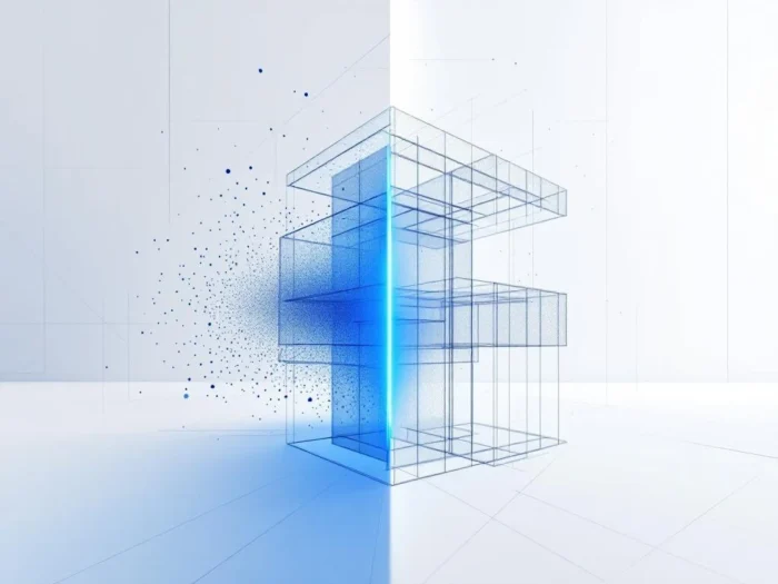 Geometrisch gebouwmodel transformeert van 3D puntenwolk naar BIM-lijnen via blauwe gradiënt op witte achtergrond