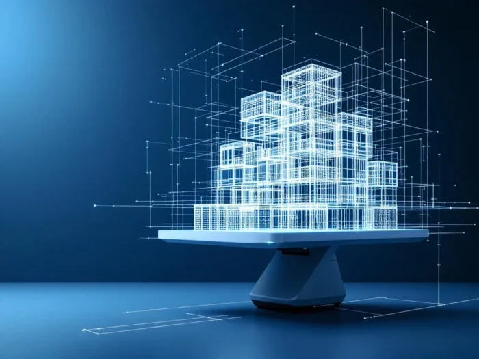 Laser scanner projecteert 3D draadmodel van gebouw met precisie lichtstralen en architecturale blauwdrukken