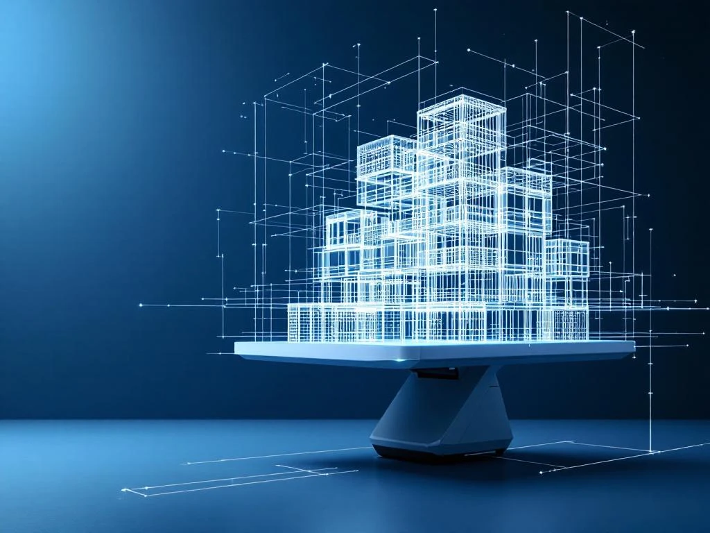 Laser scanner projecteert 3D draadmodel van gebouw met precisie lichtstralen en architecturale blauwdrukken