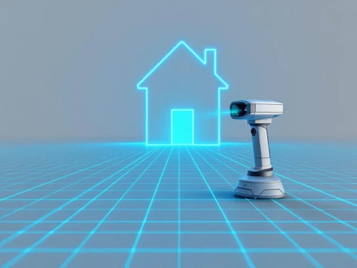 3D laserscanner apparaat projecteert blauwe meetstralen op gebouwstructuur met geometrische datavisualisatie