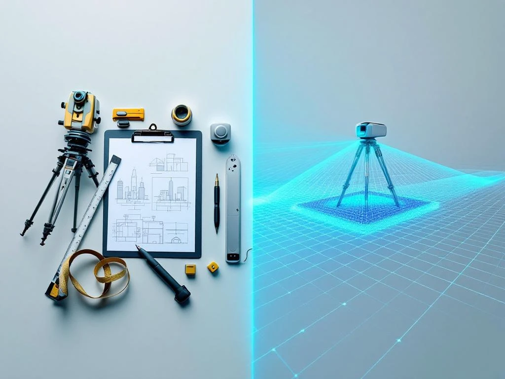 Splitscherm toont evolutie van landmeetkunde: traditionele theodoliet links, moderne 3D laserscanner met lichtstralen rechts