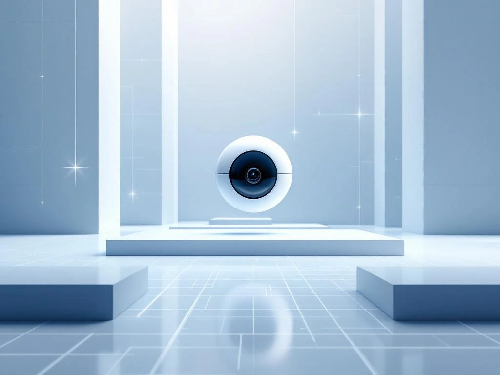 Witte 360-graden camera met digitale meetlijnen en geometrische patronen in blauw en grijs voor technologische precisie