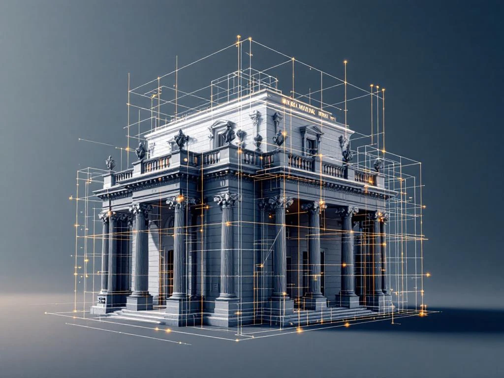 Historisch monument met 3D-wireframe overlay en meetpunten voor digitale erfgoedbehoud en structurele analyse